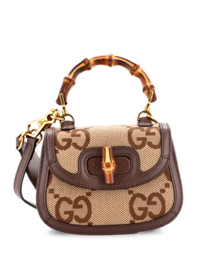 Pre-owned Gucci Bamboo 1947 Top Handle Bag Jumbo Gg Canvas Mini Crossbody Bag In Brown
