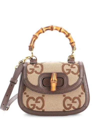 Pre-owned Gucci Bamboo 1947 Top Handle Bag Jumbo Gg Canvas Mini Crossbody Bag In Brown