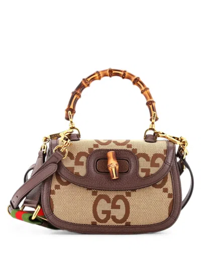 Pre-owned Gucci Bamboo 1947 Top Handle Bag Jumbo Gg Canvas Small Satchel In Brown