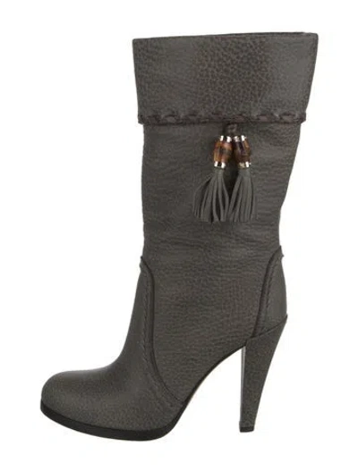 Pre-owned Gucci Bamboo Accent Leather Boots In Gray