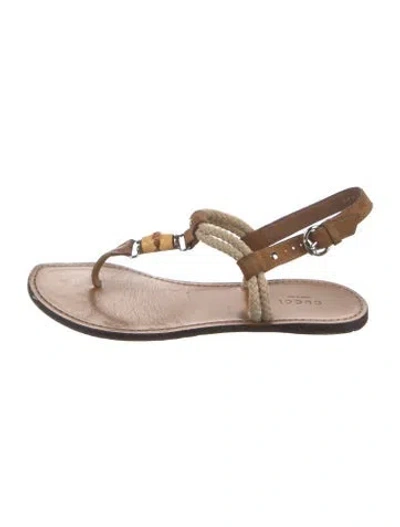 Pre-owned Gucci Bamboo Accent Leather T-strap Sandals In Neutral