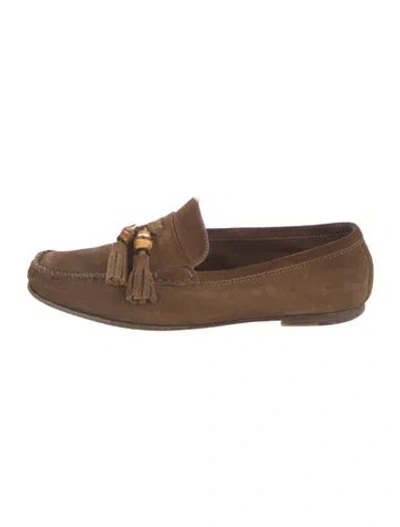 Pre-owned Gucci Bamboo Accent Suede Loafers In Brown