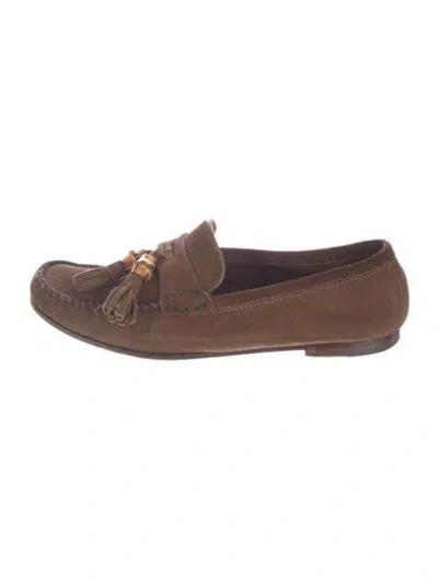 Pre-owned Gucci Bamboo Accent Suede Loafers In Brown