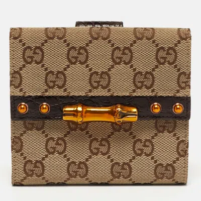 Pre-owned Gucci Bamboo Bar Beige/brown Gg Canvas And Croc Embossed Leather French Wallet In Sand