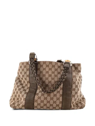 Pre-owned Gucci Bamboo Bar Shoulder Bag Gg Canvas Large Tote Bag In Brown
