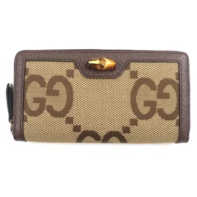 Pre-owned Gucci Bamboo Beige Brown Bamboo Gg Canvas Long Wallet (bi-fold) () In Beige, Brown