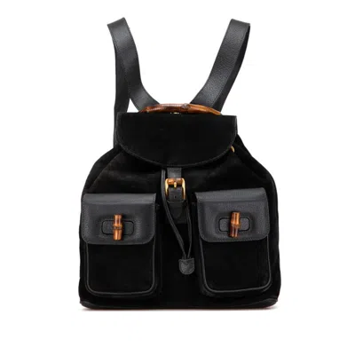 Pre-owned Gucci Bamboo Black Brown Suede Leather Backpack () In Multi