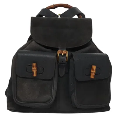 Pre-owned Gucci Bamboo Black Suede Backpack Bag ()