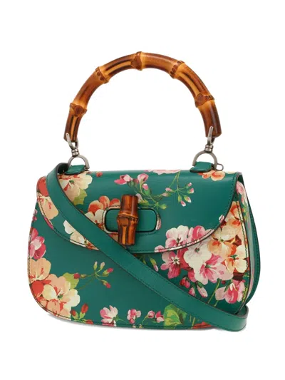 Pre-owned Gucci Bamboo Blooms Floral-print Satchel In Green