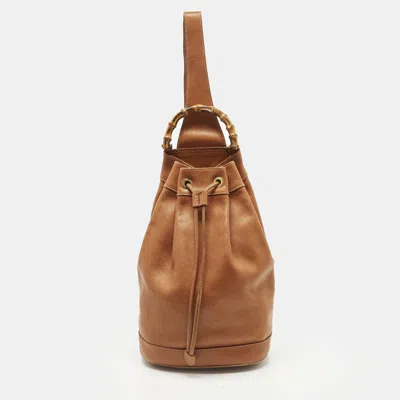 Pre-owned Gucci Bamboo Brown Leather Drawstring Sling Backpack