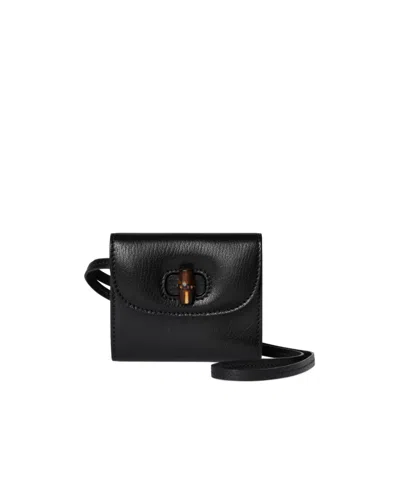 Gucci Bamboo Card Case On Strap In Black