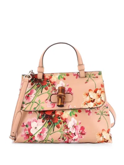 Pre-owned Gucci Bamboo Daily Top Handle Bag Blooms Print Leather Small Satchel In Neutrals