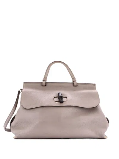 Pre-owned Gucci Bamboo Daily Top Handle Bag Leather Large Satchel In Gray