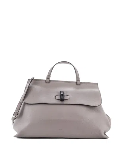 Pre-owned Gucci Bamboo Daily Top Handle Bag Leather Large Satchel In Gray
