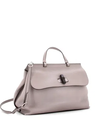 Pre-owned Gucci Bamboo Daily Top Handle Bag Leather Large Satchel In Gray