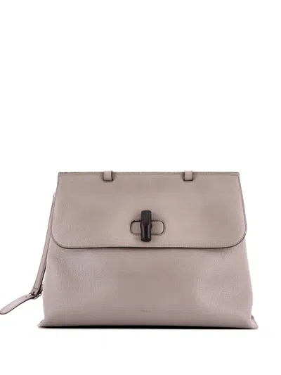 Pre-owned Gucci Bamboo Daily Top Handle Bag Leather Large Satchel In Gray