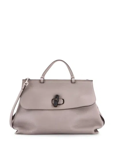 Pre-owned Gucci Bamboo Daily Top Handle Bag Leather Large Satchel In Gray
