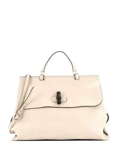 Pre-owned Gucci Bamboo Daily Top Handle Bag Leather Large Satchel In Neutral