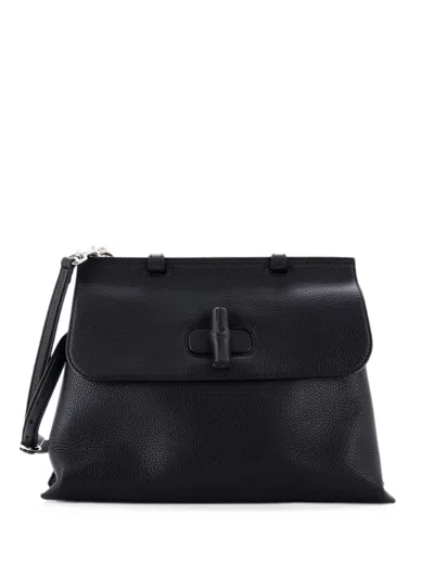 Pre-owned Gucci Bamboo Daily Top Handle Bag Leather Medium Satchel In Black
