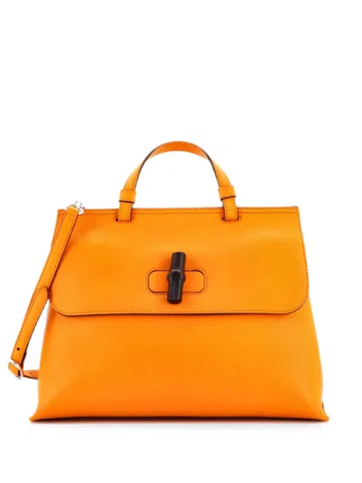 Pre-owned Gucci Bamboo Daily Top Handle Bag Leather Medium Satchel In Yellow