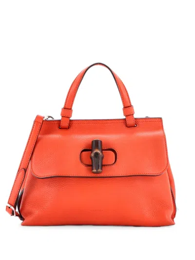 Pre-owned Gucci Bamboo Daily Top Handle Bag Leather Small Satchel In Orange