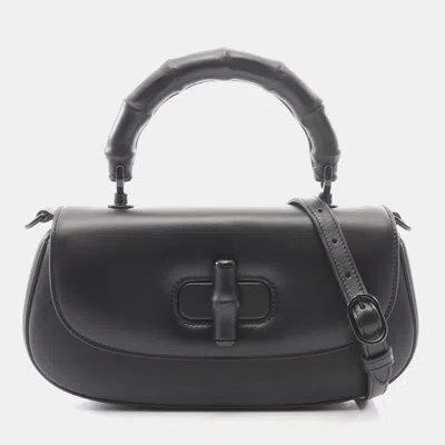 Pre-owned Gucci Bamboo Diva Medium Black Polished Leather Top Handle Bag