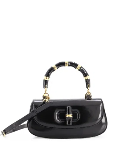 Pre-owned Gucci Bamboo Diva Top Handle Bag Polished Leather Medium Satchel In Black