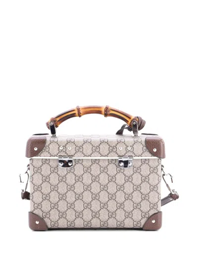 Pre-owned Gucci Bamboo Globe-trotter Vanity Case Gg Coated Canvas Satchel In Brown