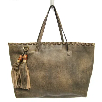 Pre-owned Gucci Bamboo Gray Khaki Leather Tote Bag ()