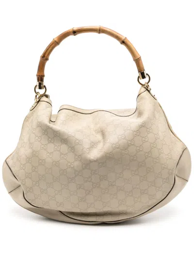 Pre-owned Gucci Bamboo-handle Gg Handbag In Neutrals
