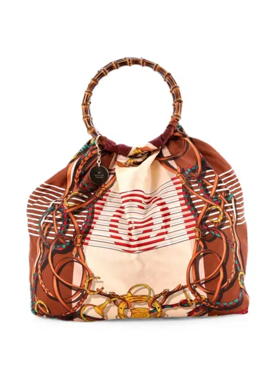 Pre-owned Gucci Bamboo Handle Printed Silk Maxi Tote Bag In Multicolour