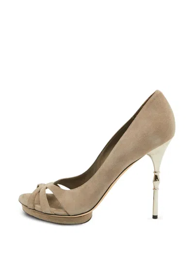 Pre-owned Gucci Bamboo Heel Open-toe Pumps In Neutral