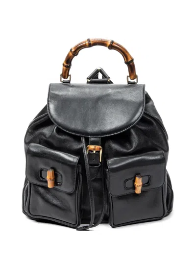 Pre-owned Gucci Bamboo Leather Backpack In Black