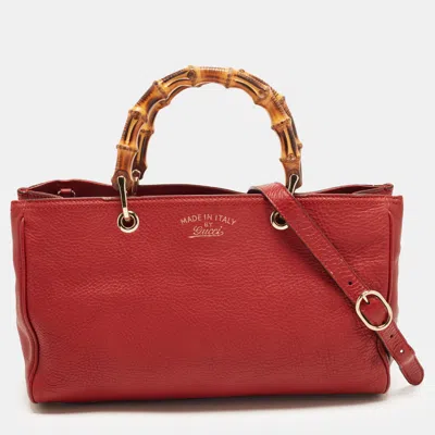 Pre-owned Gucci Bamboo Medium Red Leather Shopper Tote