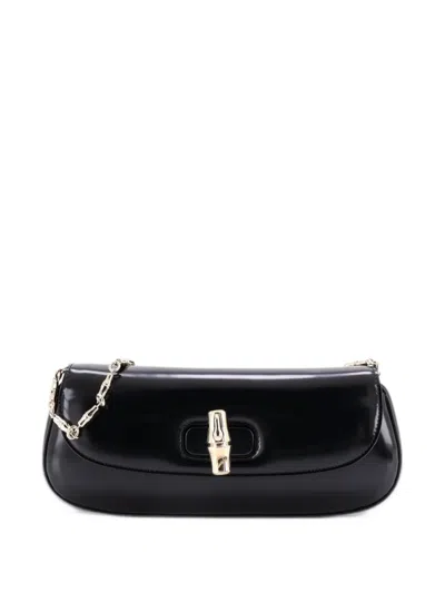 Pre-owned Gucci Bamboo Night Chain Leather Clutch Bag In Black