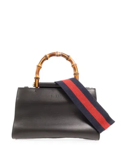 Pre-owned Gucci Bamboo Nymphaea Two-way Leather Tote Bag In Black