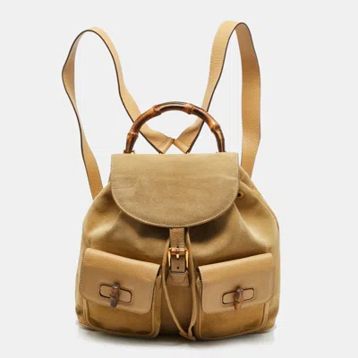 Pre-owned Gucci Bamboo Pocket Beige Leather Suede Drawstring Backpack In Sand
