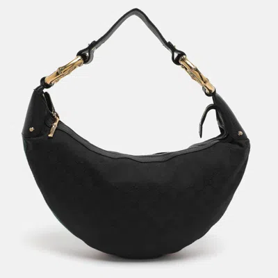 Pre-owned Gucci Bamboo Ring Black Gg Canvas And Leather Hobo