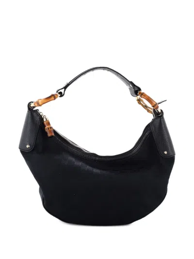 Pre-owned Gucci Bamboo Ring Half Moon Web Gg Canvas Medium Hobo Bag In Black