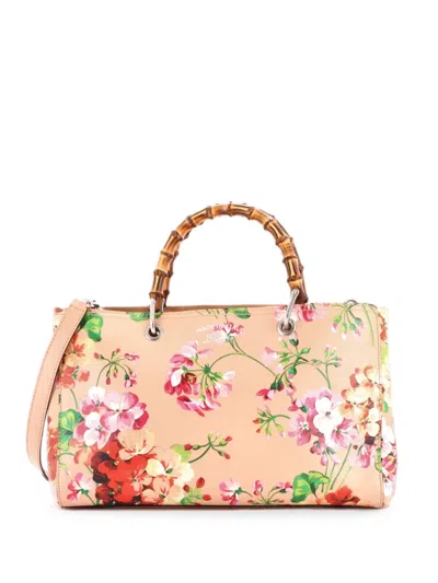 Pre-owned Gucci Bamboo Shopper Blooms Print Leather Medium Tote Bag In Pink