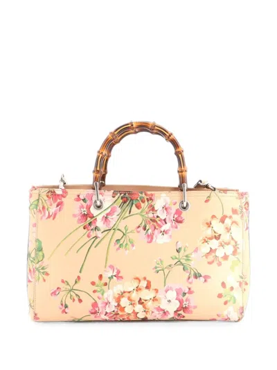 Pre-owned Gucci Bamboo Shopper Blooms Print Leather Medium Tote Bag In Pink
