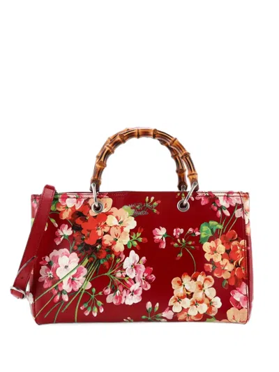 Pre-owned Gucci Bamboo Shopper Blooms Print Leather Medium Tote Bag In Red