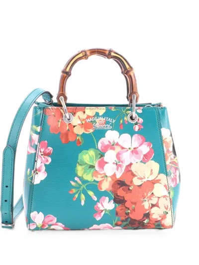 Pre-owned Gucci Bamboo Shopper Blooms Print Leather Mini Tote Bag In Green