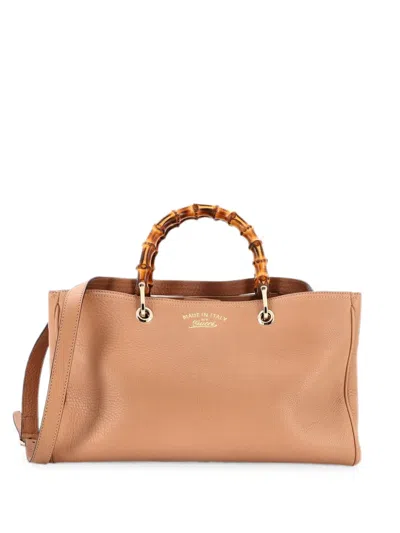 Pre-owned Gucci Bamboo Shopper Leather Medium Tote Bag In Neutral
