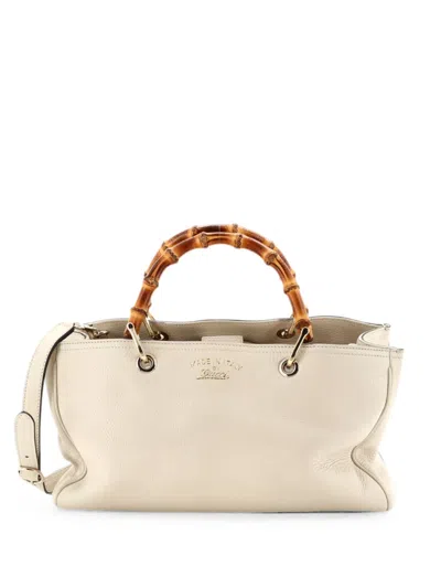 Pre-owned Gucci Bamboo Shopper Leather Medium Tote Bag In Neutral