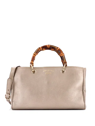 Pre-owned Gucci Bamboo Shopper Leather Medium Tote Bag In Silver