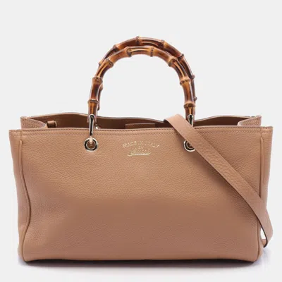 Pre-owned Gucci Bamboo Shopper Medium Handbag Tote Bag Leather Pink Beige 2way