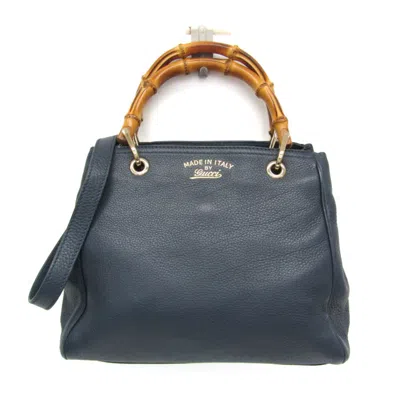 Pre-owned Gucci Bamboo Shopper Tote Leather Blue Leather Tote Bag Bag ()