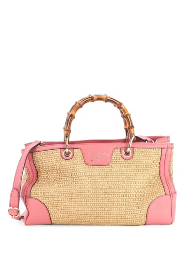 Pre-owned Gucci Bamboo Shopper Tote Straw Medium Satchel In Neutrals
