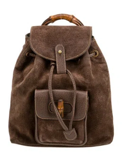 Pre-owned Gucci Bamboo Suede Bamboo Drawstring Backpack In Brown